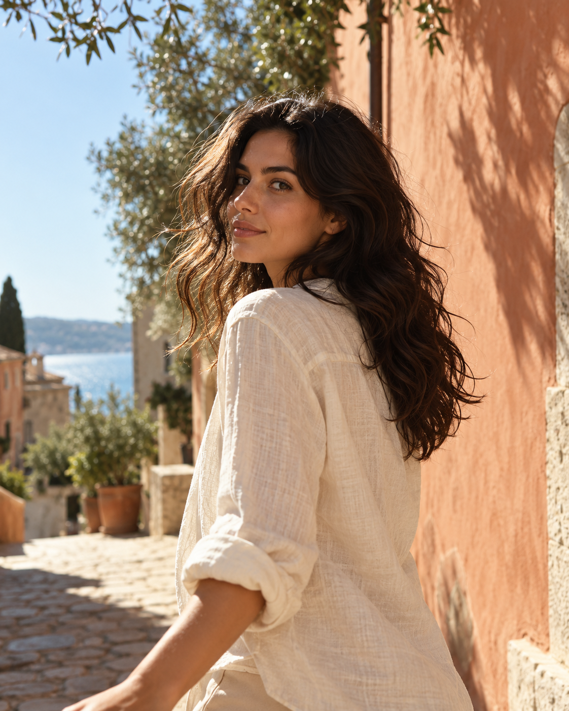 A woman in a cream linen outfit, turning toward the camera on a sunlit Mediterranean street.